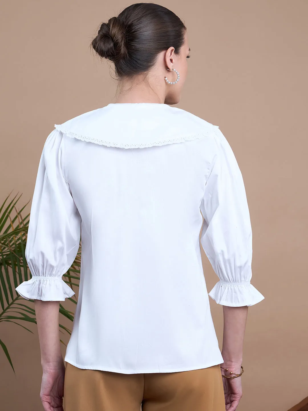 Noi Women White Embroidered With Puff Sleeve Shirt