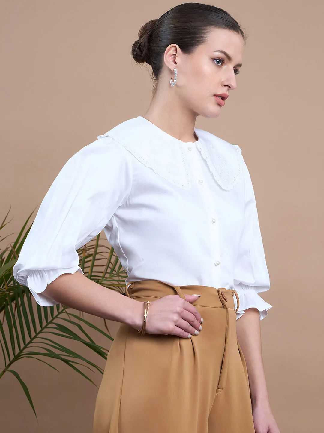 Noi Women White Embroidered With Puff Sleeve Shirt
