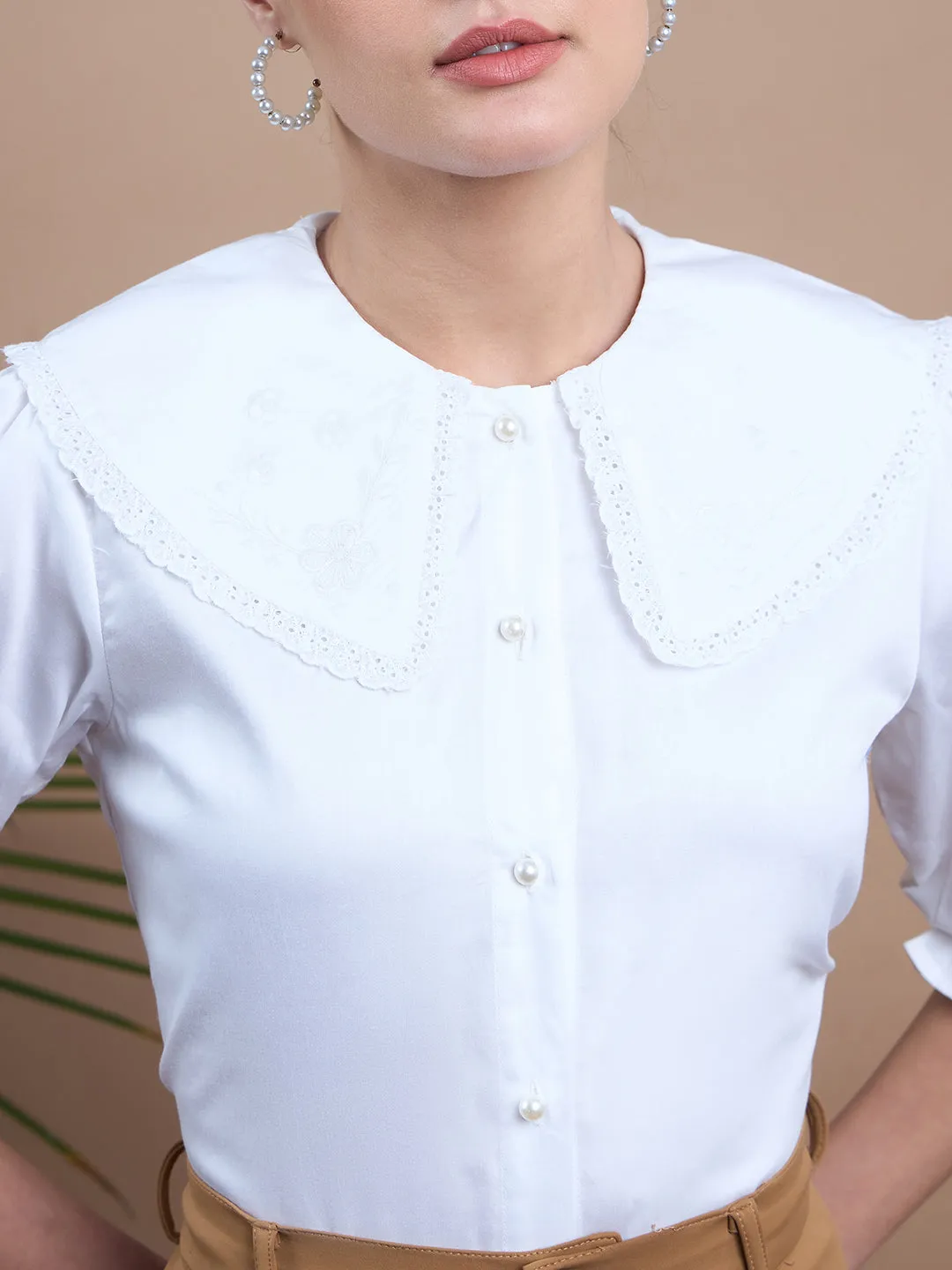 Noi Women White Embroidered With Puff Sleeve Shirt