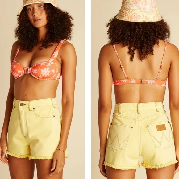 NWT Billabong x Wrangler high rise cut-off raw hem denim shorts yellow 30