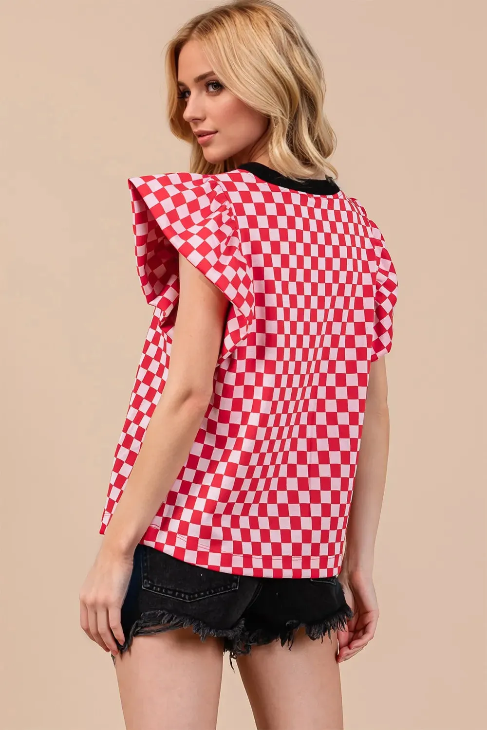 Oh Checkered Round Neck Puff Sleeve Blouse