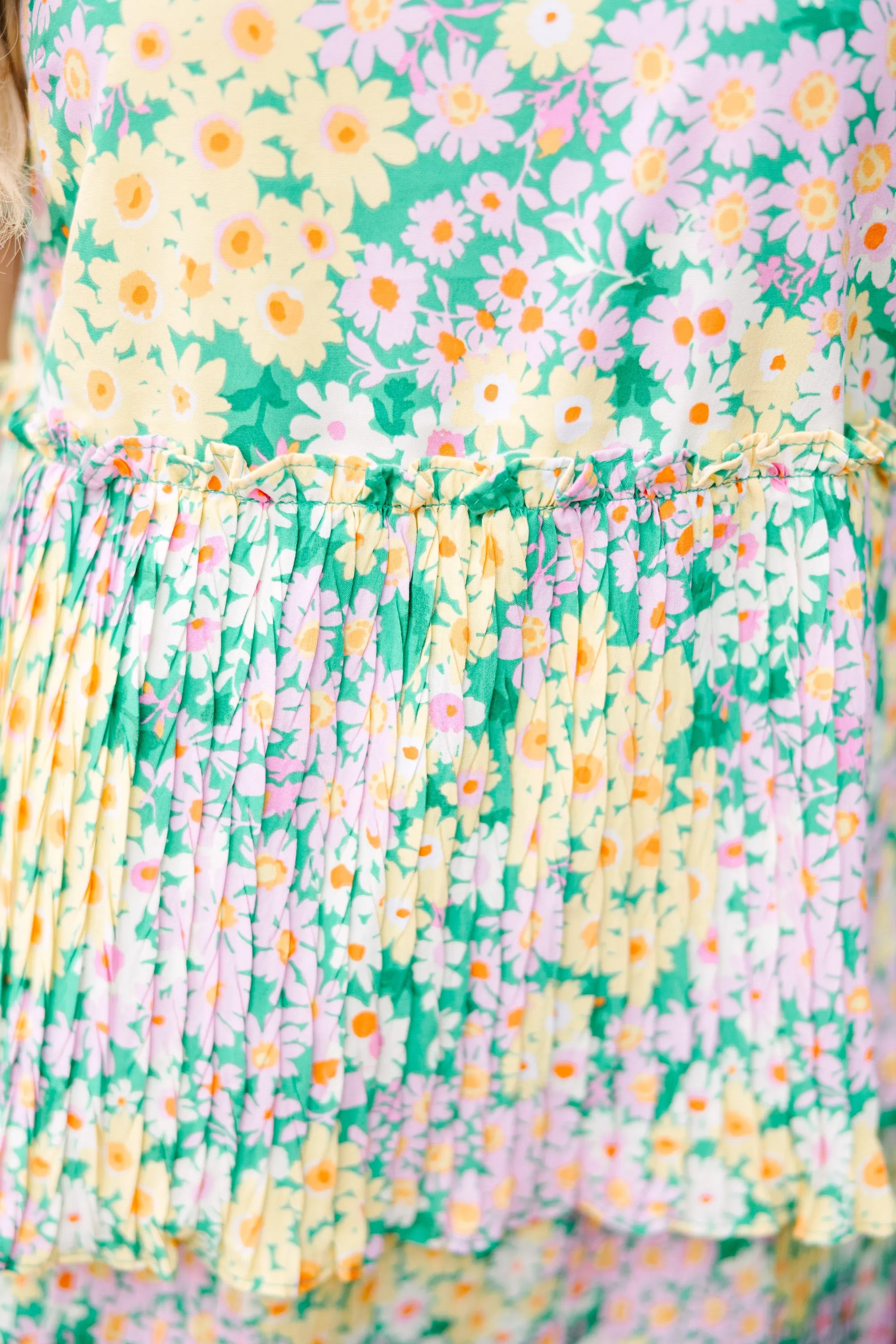 On Your Way Green Ditsy Floral Tiered Dress