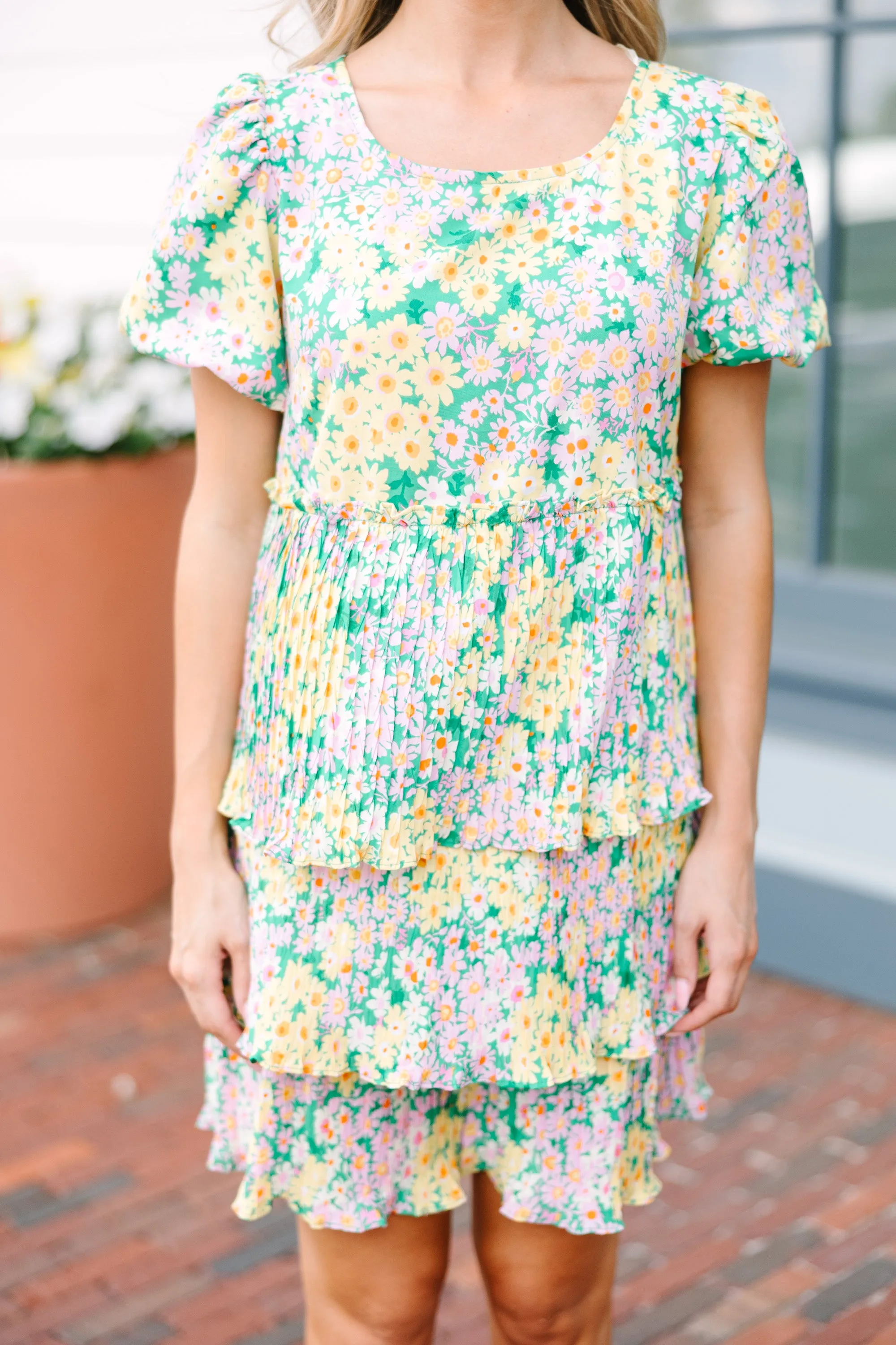 On Your Way Green Ditsy Floral Tiered Dress
