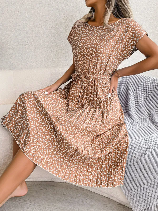Ora - Midi dress with tie and floral print Round Neck Trapeze