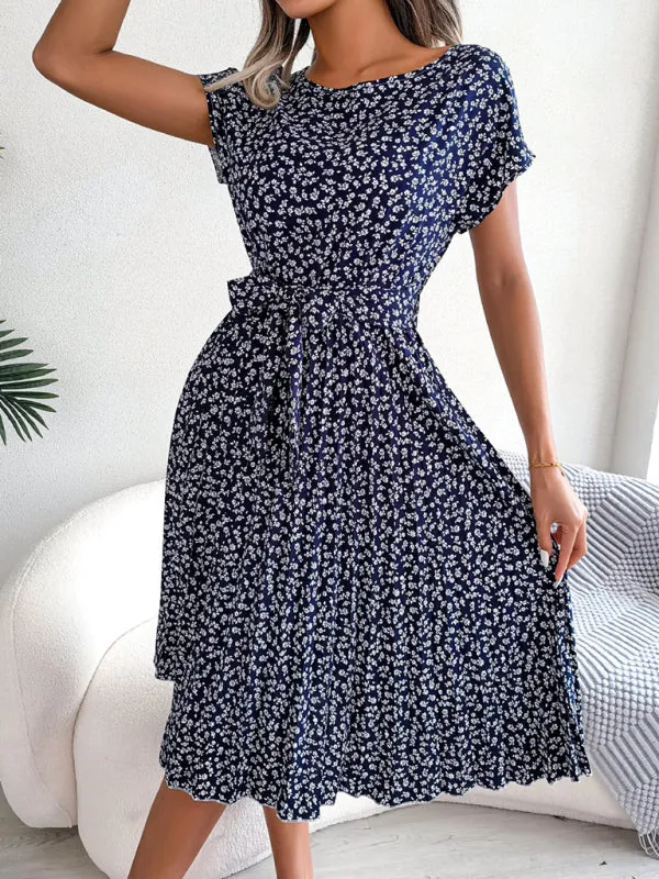 Ora - Midi dress with tie and floral print Round Neck Trapeze