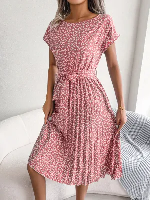 Ora - Midi dress with tie and floral print Round Neck Trapeze