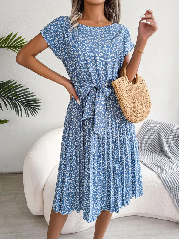 Ora - Midi dress with tie and floral print Round Neck Trapeze