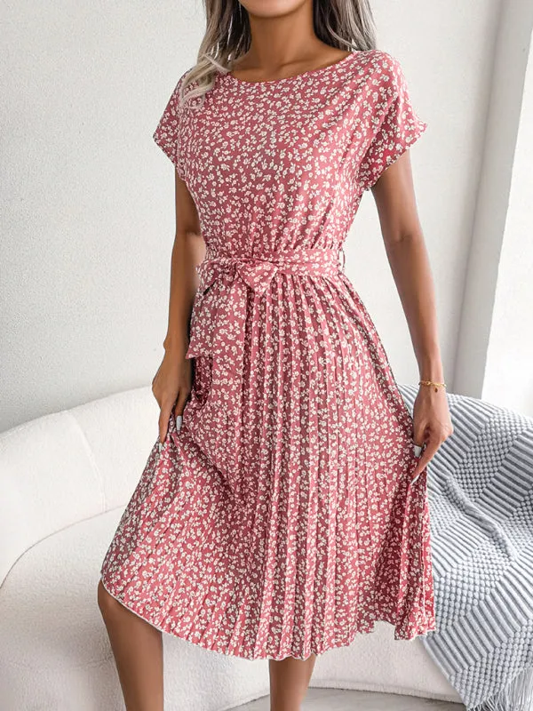 Ora - Midi dress with tie and floral print Round Neck Trapeze
