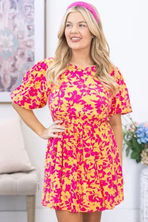 Orange and Fuchsia Blossom Print Woven Dress