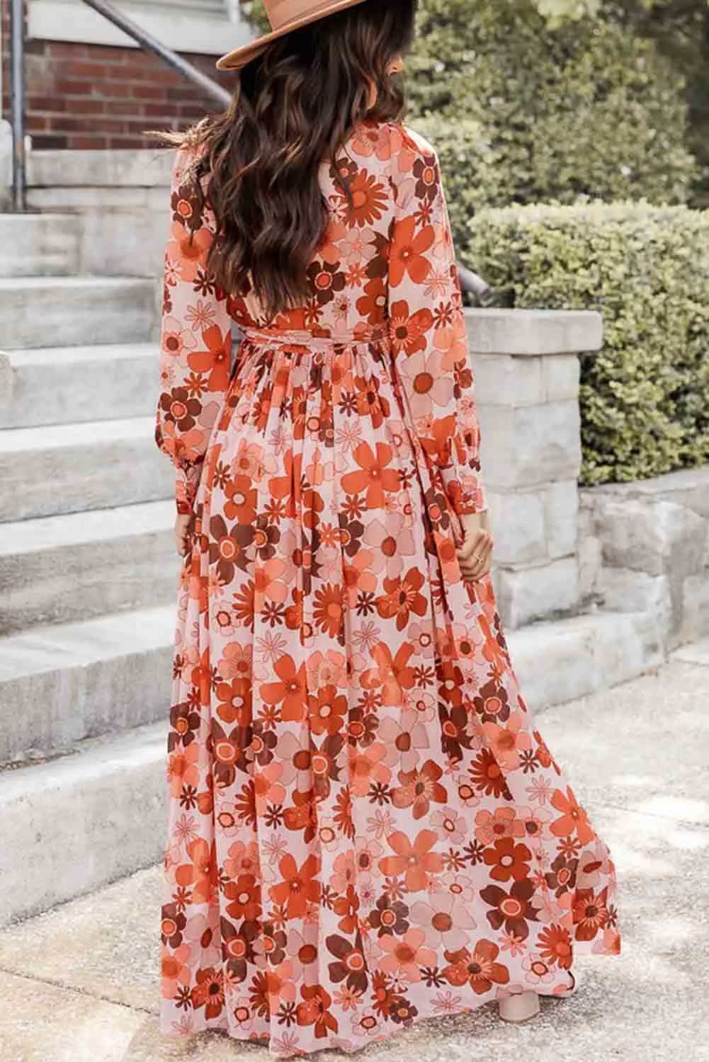 Orange Floral V-Neck Long Sleeve Belted Maxi Dress
