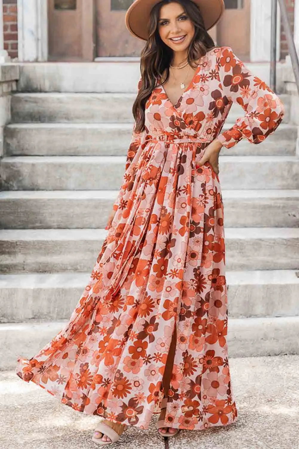 Orange Floral V-Neck Long Sleeve Belted Maxi Dress
