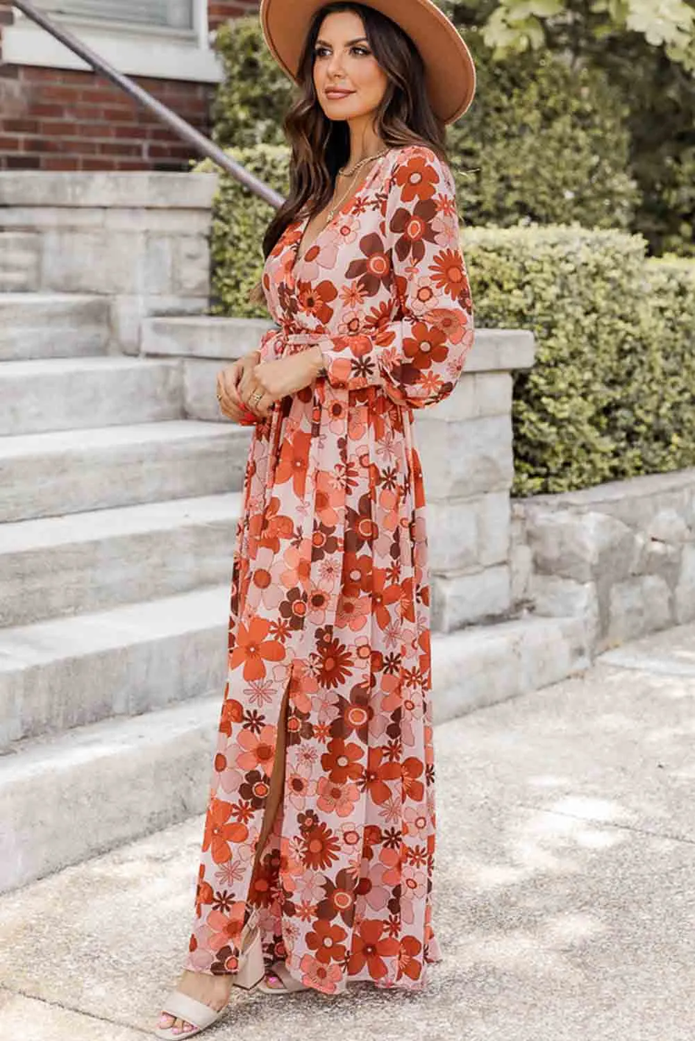 Orange Floral V-Neck Long Sleeve Belted Maxi Dress