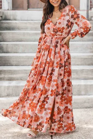 Orange Floral V-Neck Long Sleeve Belted Maxi Dress