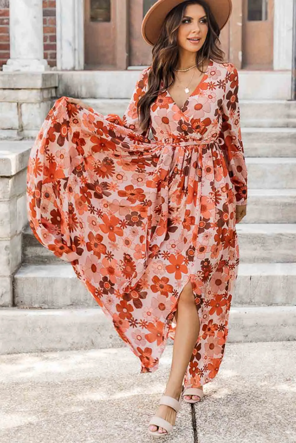 Orange Floral V-Neck Long Sleeve Belted Maxi Dress