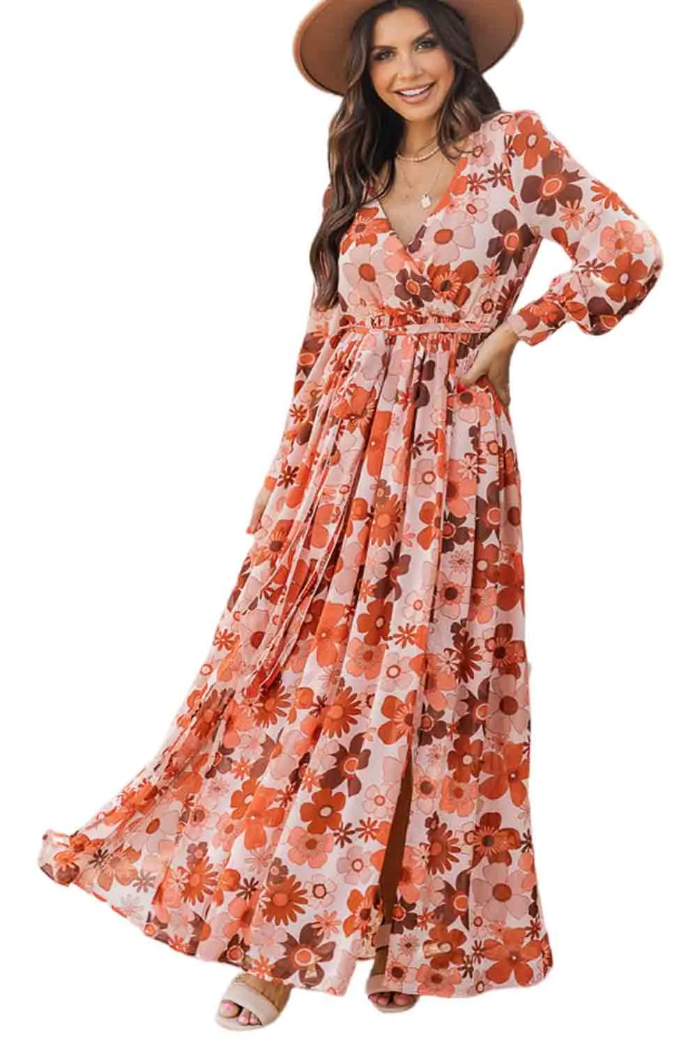 Orange Floral V-Neck Long Sleeve Belted Maxi Dress