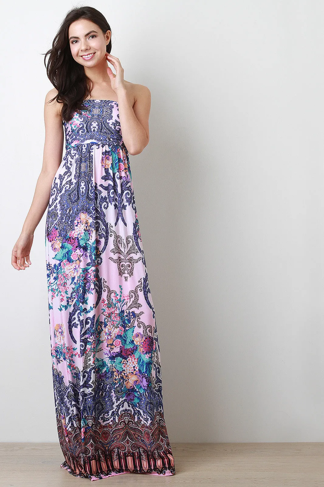 Paisley Floral Strapless Maxi Dress