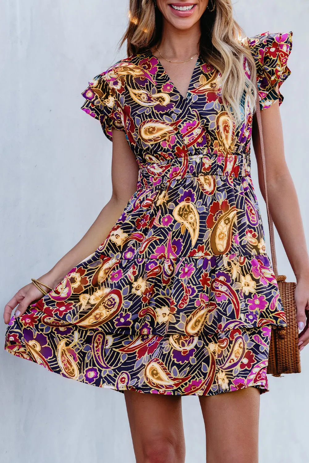 Paisley Print Flutter Sleeve Tiered Ruffle Dresses