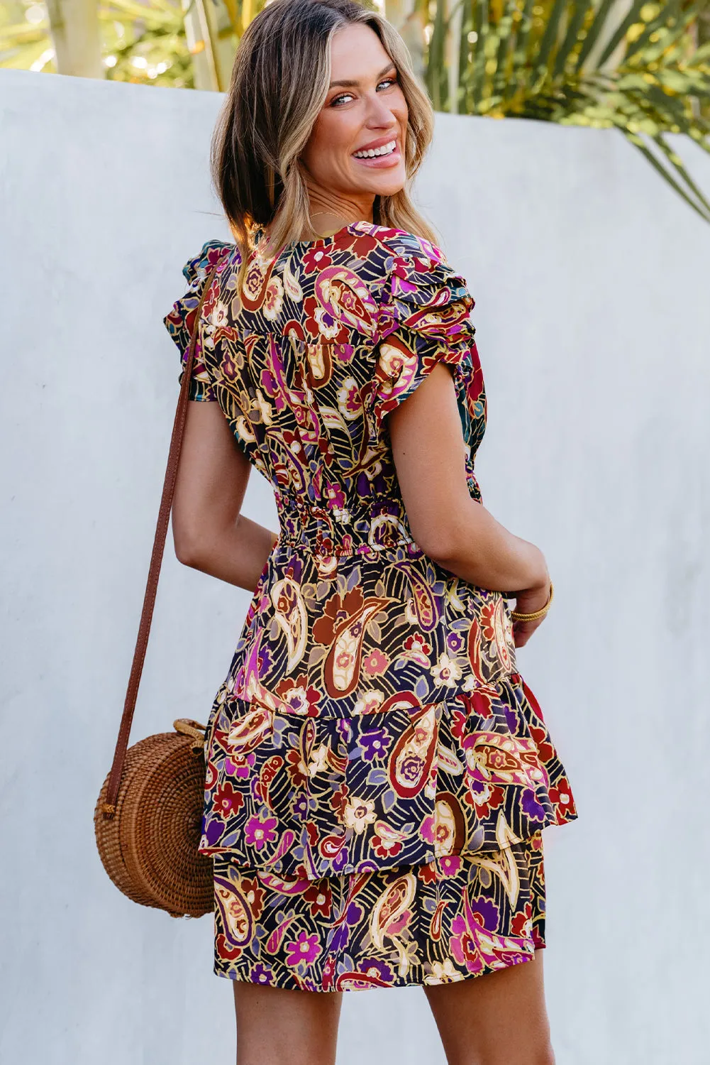 Paisley Print Flutter Sleeve Tiered Ruffle Dresses