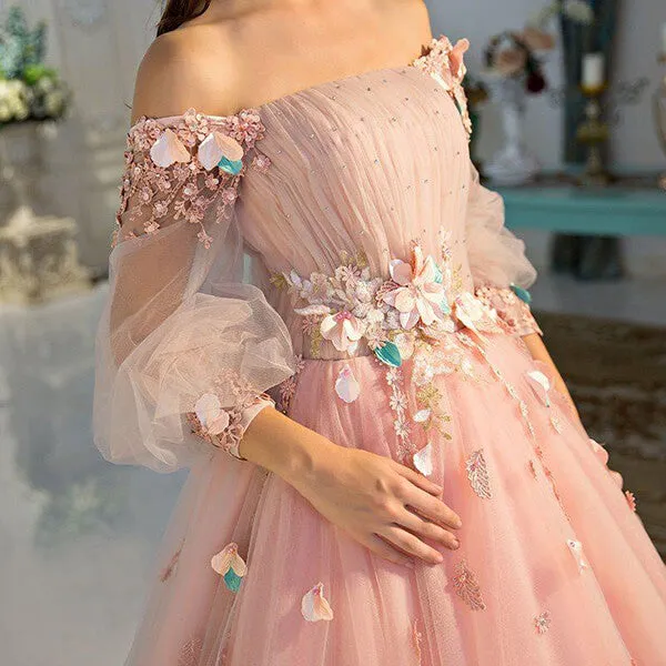 Pearl Pink Ball Gown 3D Floral Off-the-Shoulder Long Sleeves Prom Dresses, SP653
