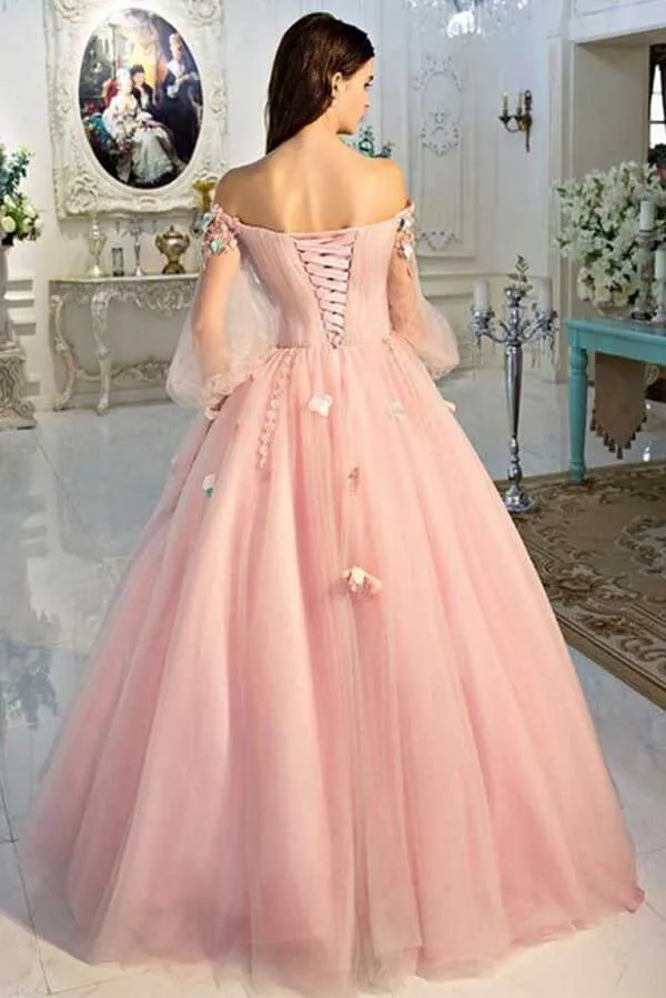 Pearl Pink Ball Gown 3D Floral Off-the-Shoulder Long Sleeves Prom Dresses, SP653