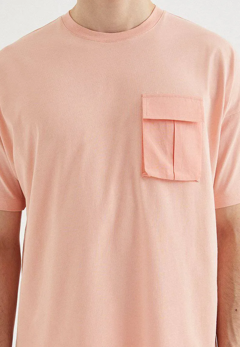 Pembe Bisiklet Yaka Cepli Pamuklu Oversize Fit Erkek T-Shirt VITAL UTILITY