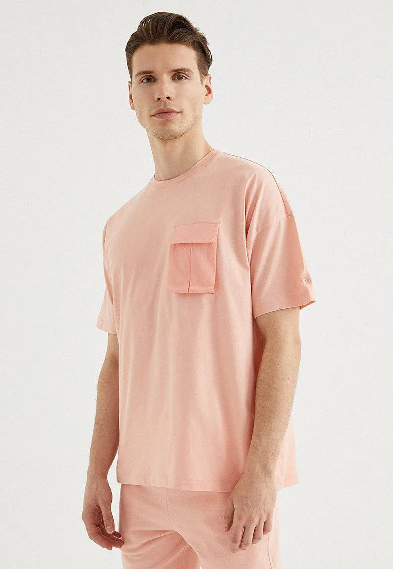 Pembe Bisiklet Yaka Cepli Pamuklu Oversize Fit Erkek T-Shirt VITAL UTILITY