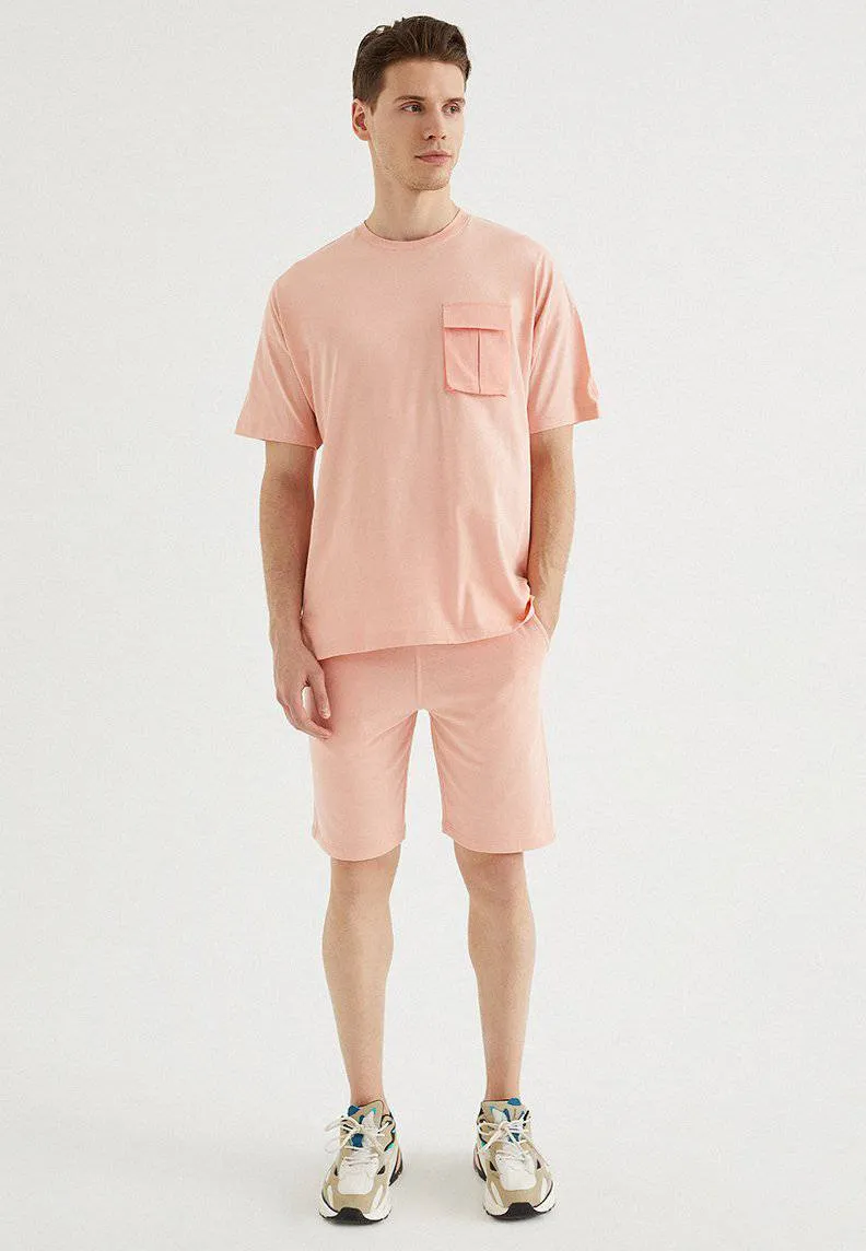 Pembe Bisiklet Yaka Cepli Pamuklu Oversize Fit Erkek T-Shirt VITAL UTILITY