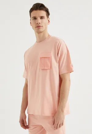 Pembe Bisiklet Yaka Cepli Pamuklu Oversize Fit Erkek T-Shirt VITAL UTILITY