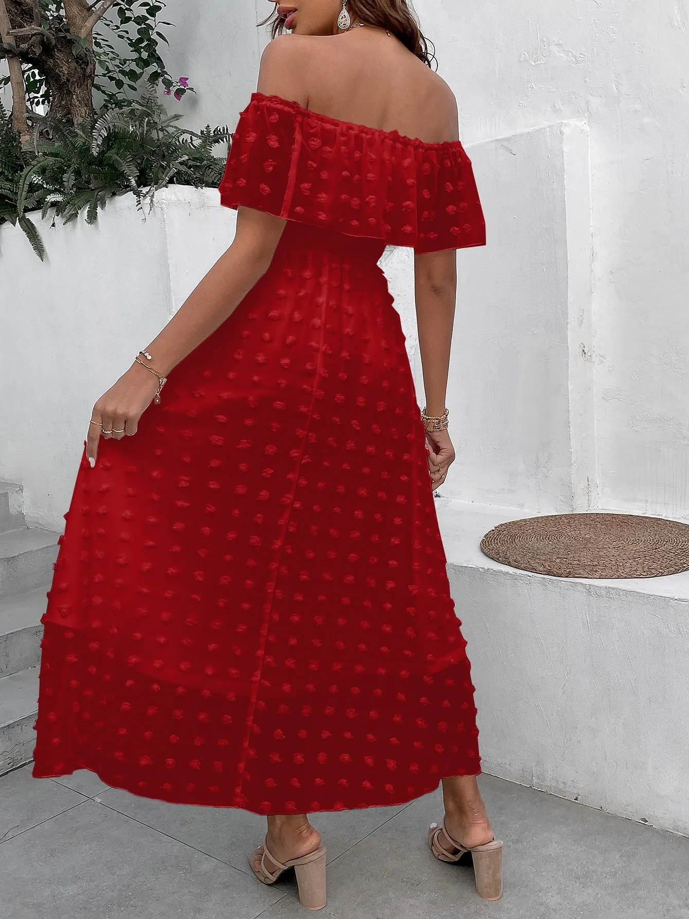 Penelope Swiss Dot Off Shoulder Ruffle Trim Split Thigh Dress