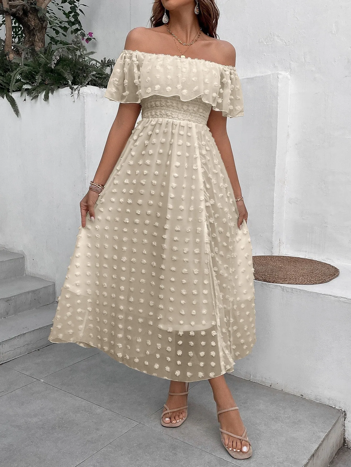 Penelope Swiss Dot Off Shoulder Ruffle Trim Split Thigh Dress