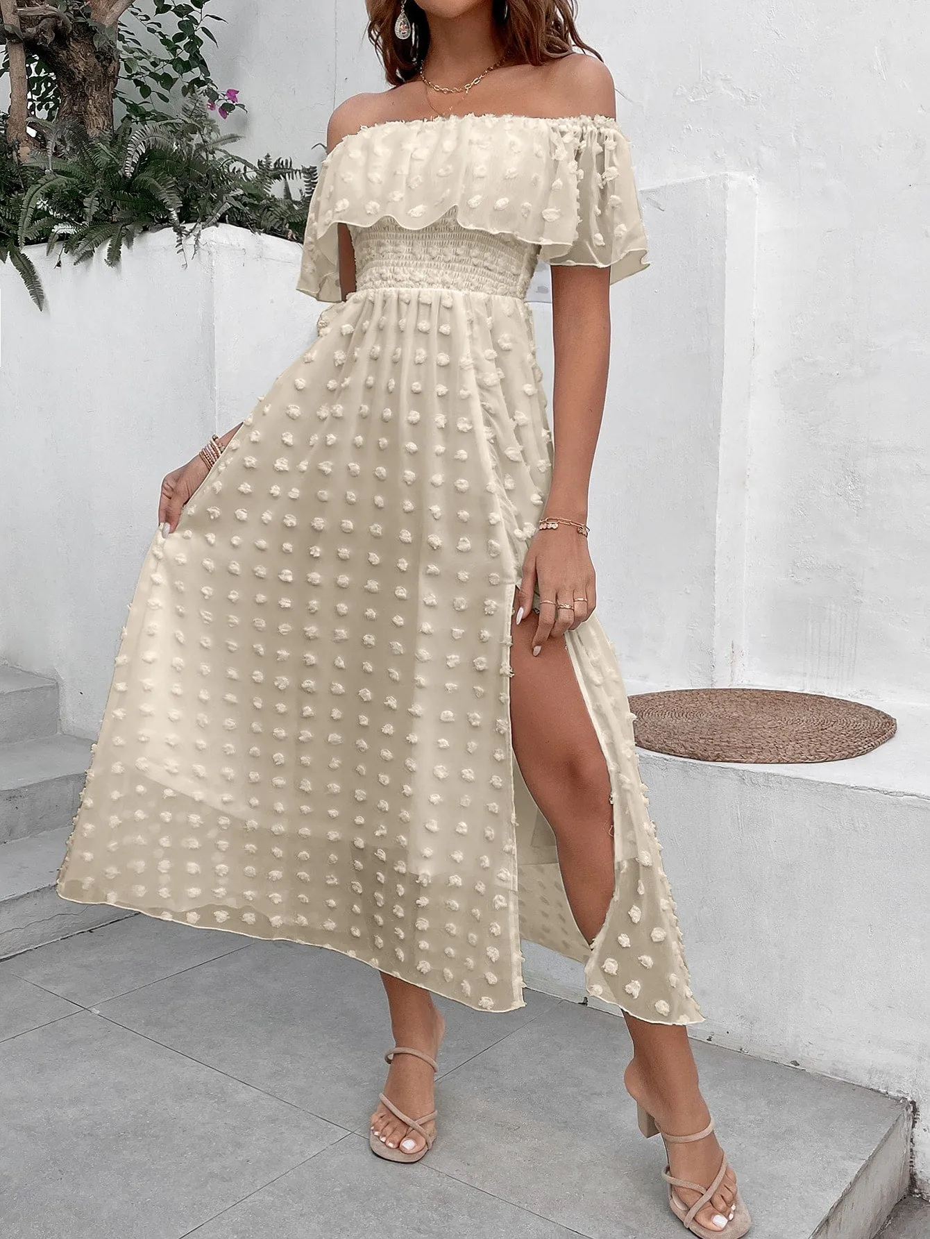 Penelope Swiss Dot Off Shoulder Ruffle Trim Split Thigh Dress