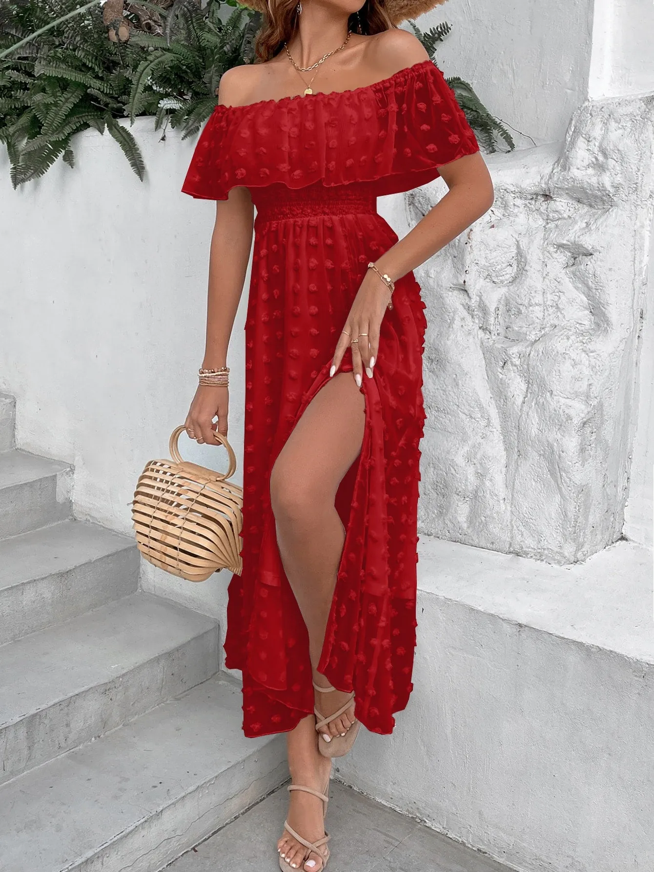 Penelope Swiss Dot Off Shoulder Ruffle Trim Split Thigh Dress