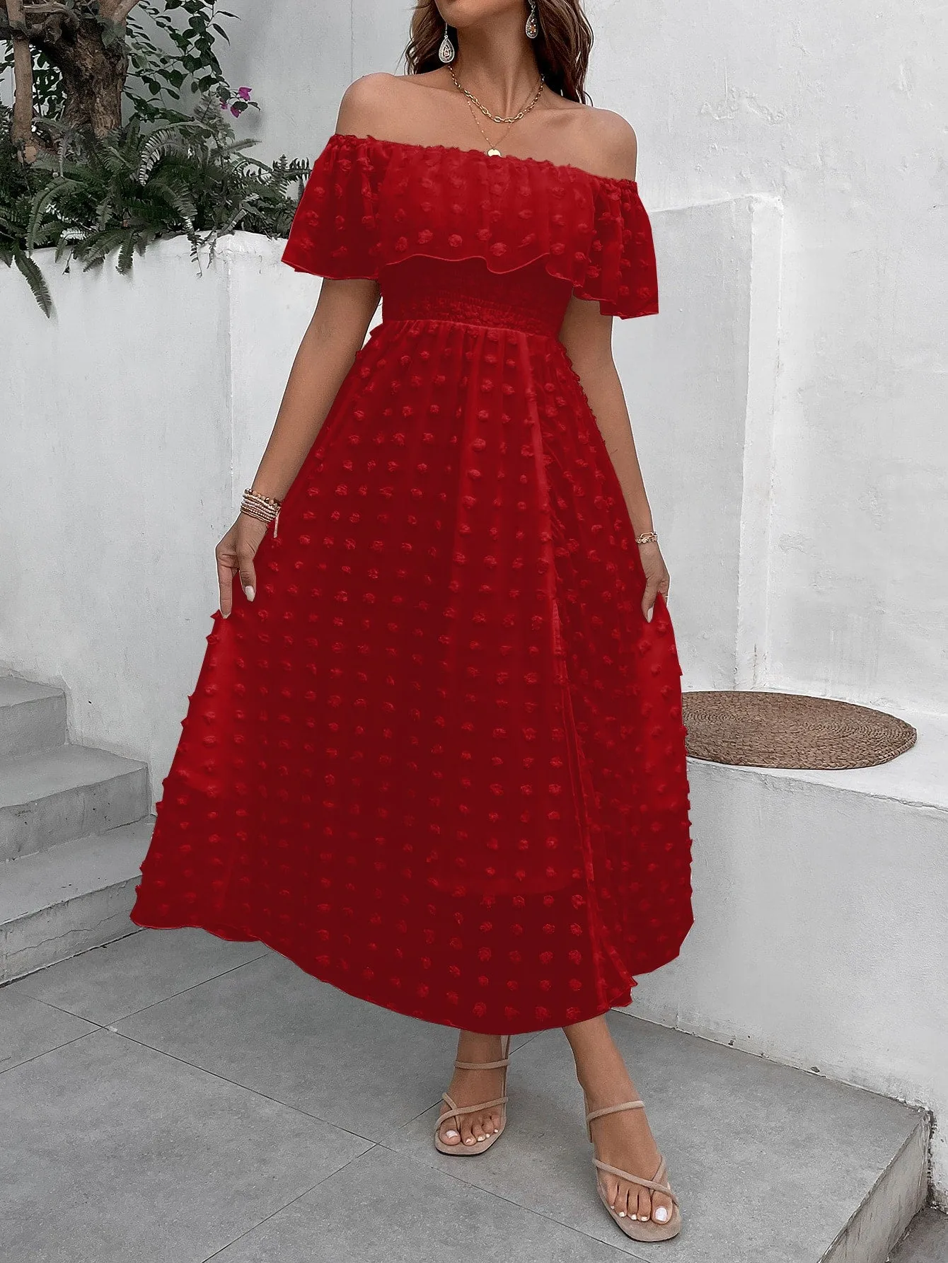 Penelope Swiss Dot Off Shoulder Ruffle Trim Split Thigh Dress