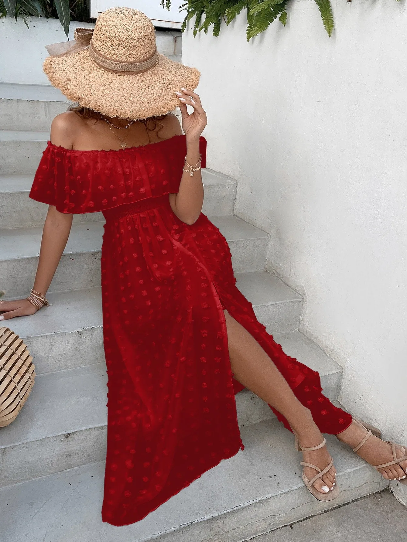 Penelope Swiss Dot Off Shoulder Ruffle Trim Split Thigh Dress