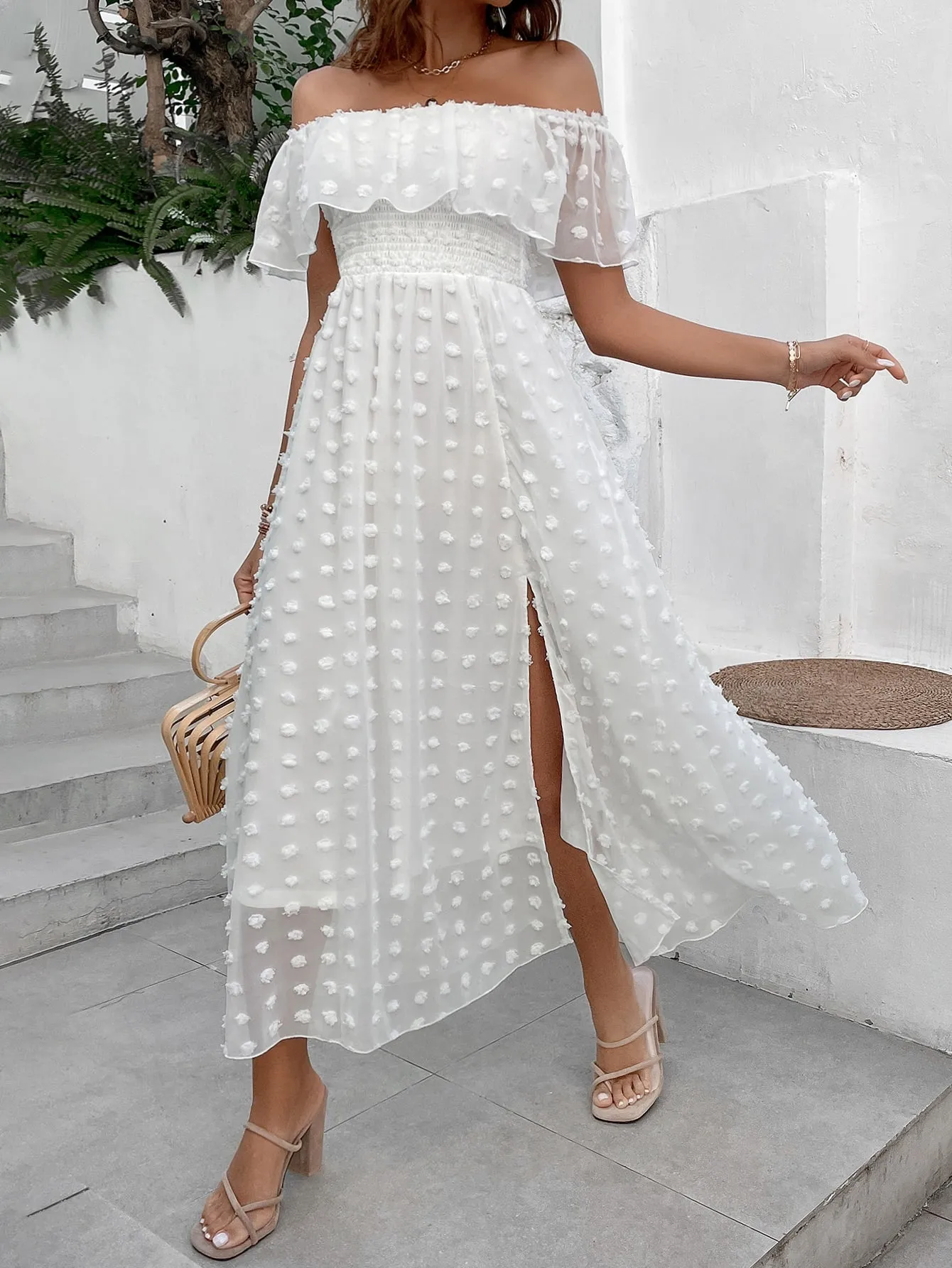 Penelope Swiss Dot Off Shoulder Ruffle Trim Split Thigh Dress