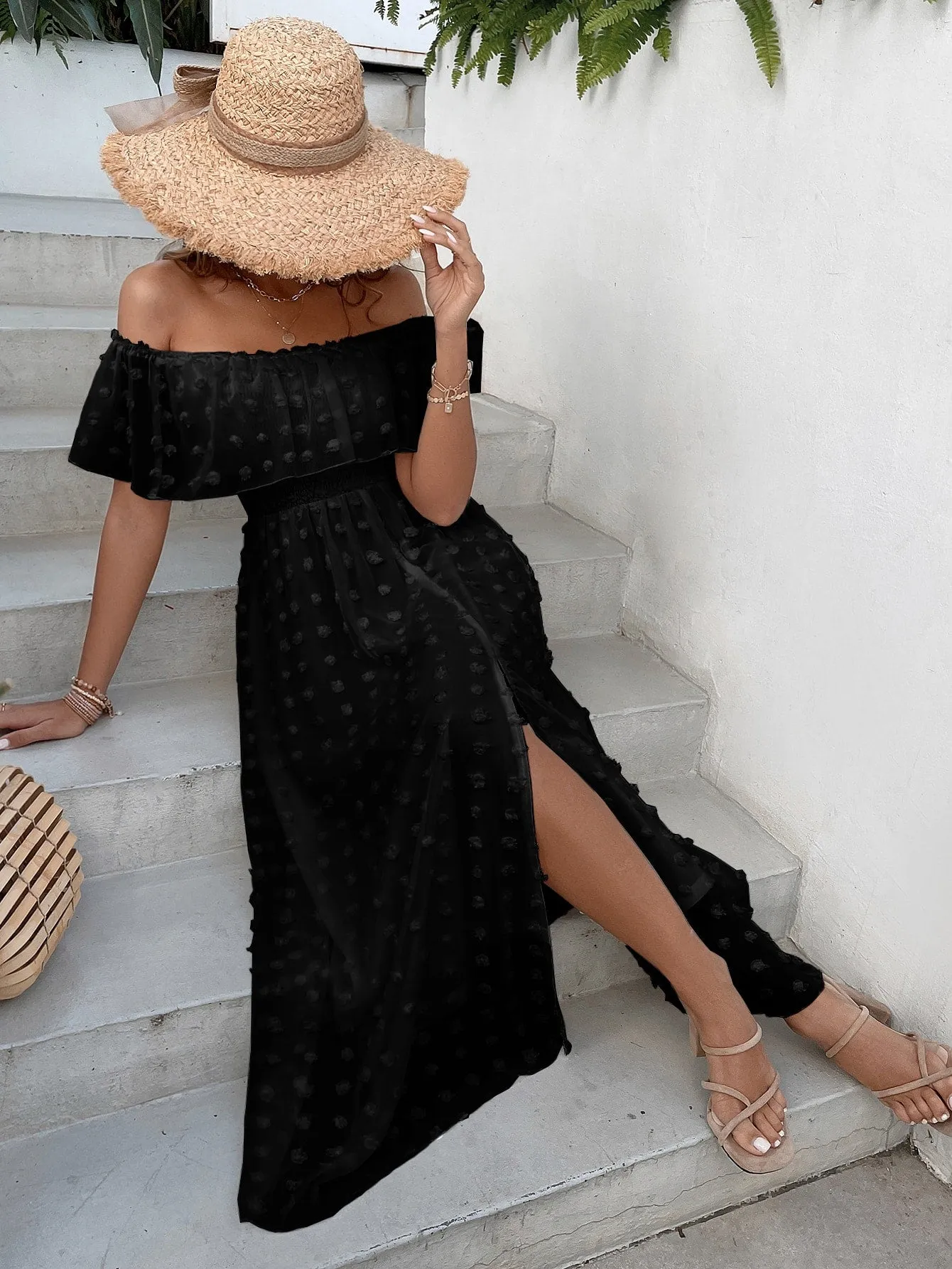 Penelope Swiss Dot Off Shoulder Ruffle Trim Split Thigh Dress