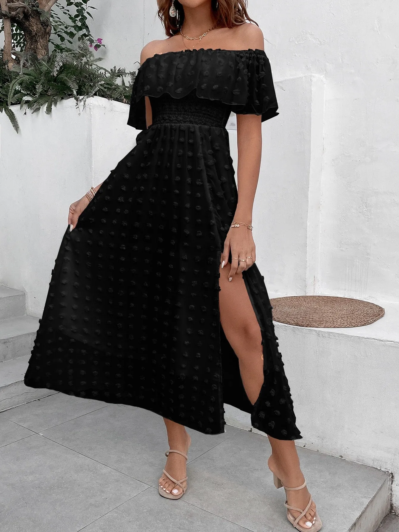 Penelope Swiss Dot Off Shoulder Ruffle Trim Split Thigh Dress