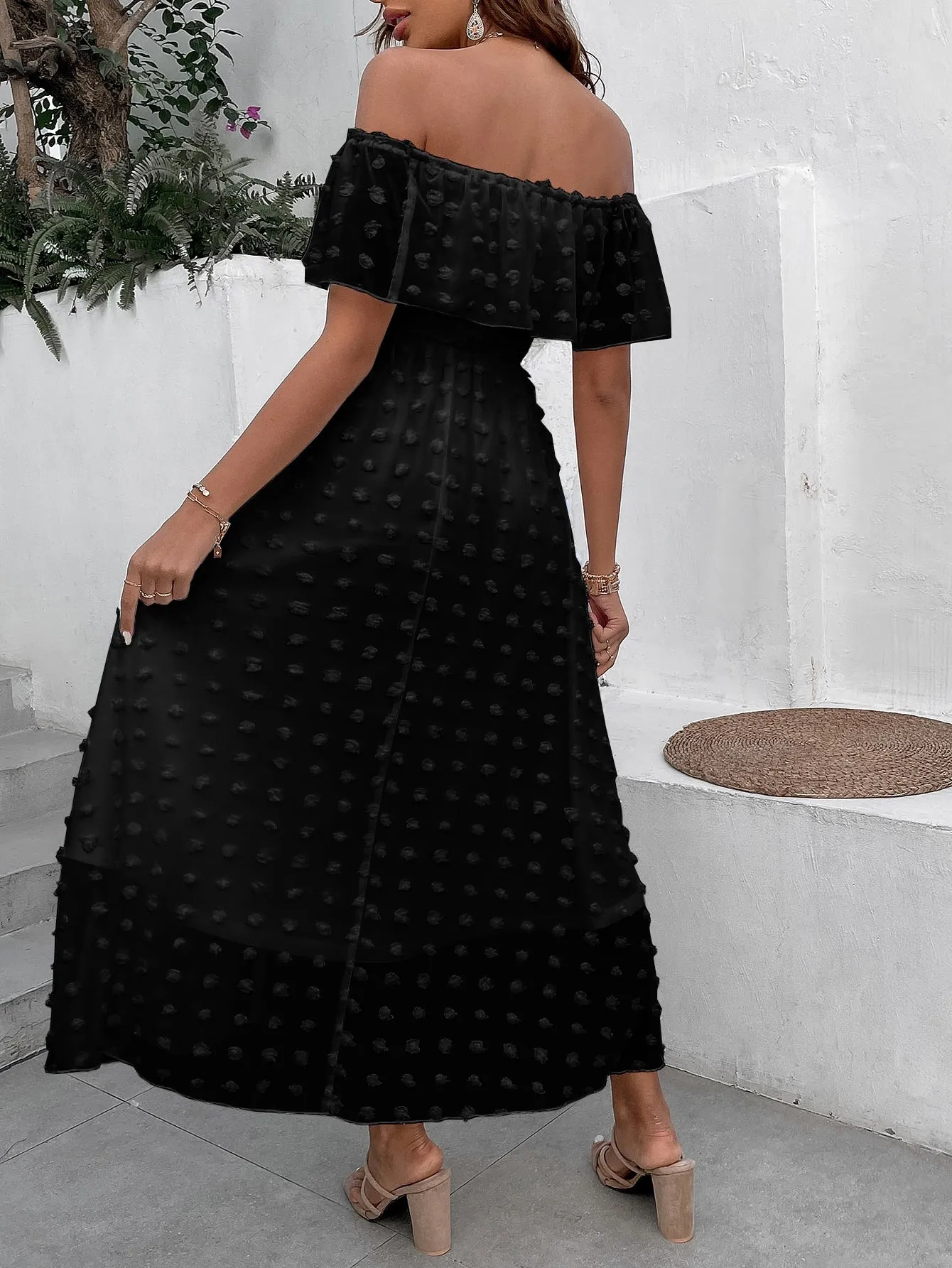Penelope Swiss Dot Off Shoulder Ruffle Trim Split Thigh Dress