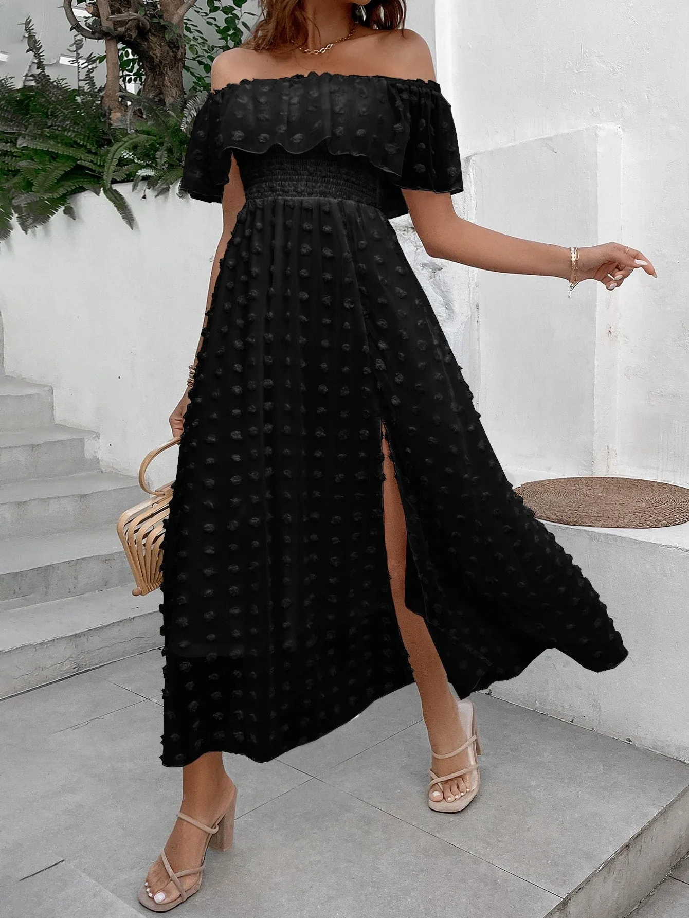 Penelope Swiss Dot Off Shoulder Ruffle Trim Split Thigh Dress