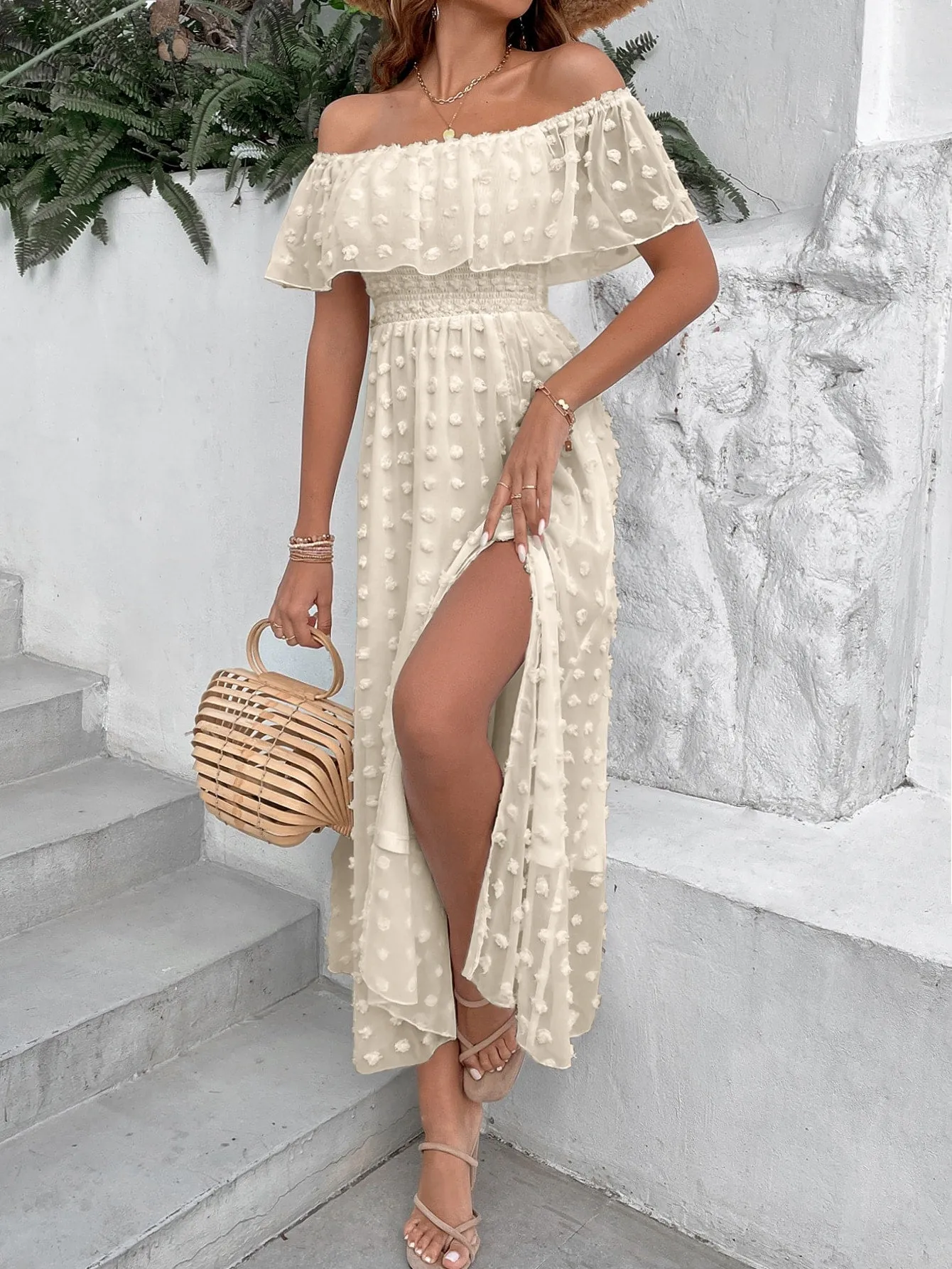 Penelope Swiss Dot Off Shoulder Ruffle Trim Split Thigh Dress