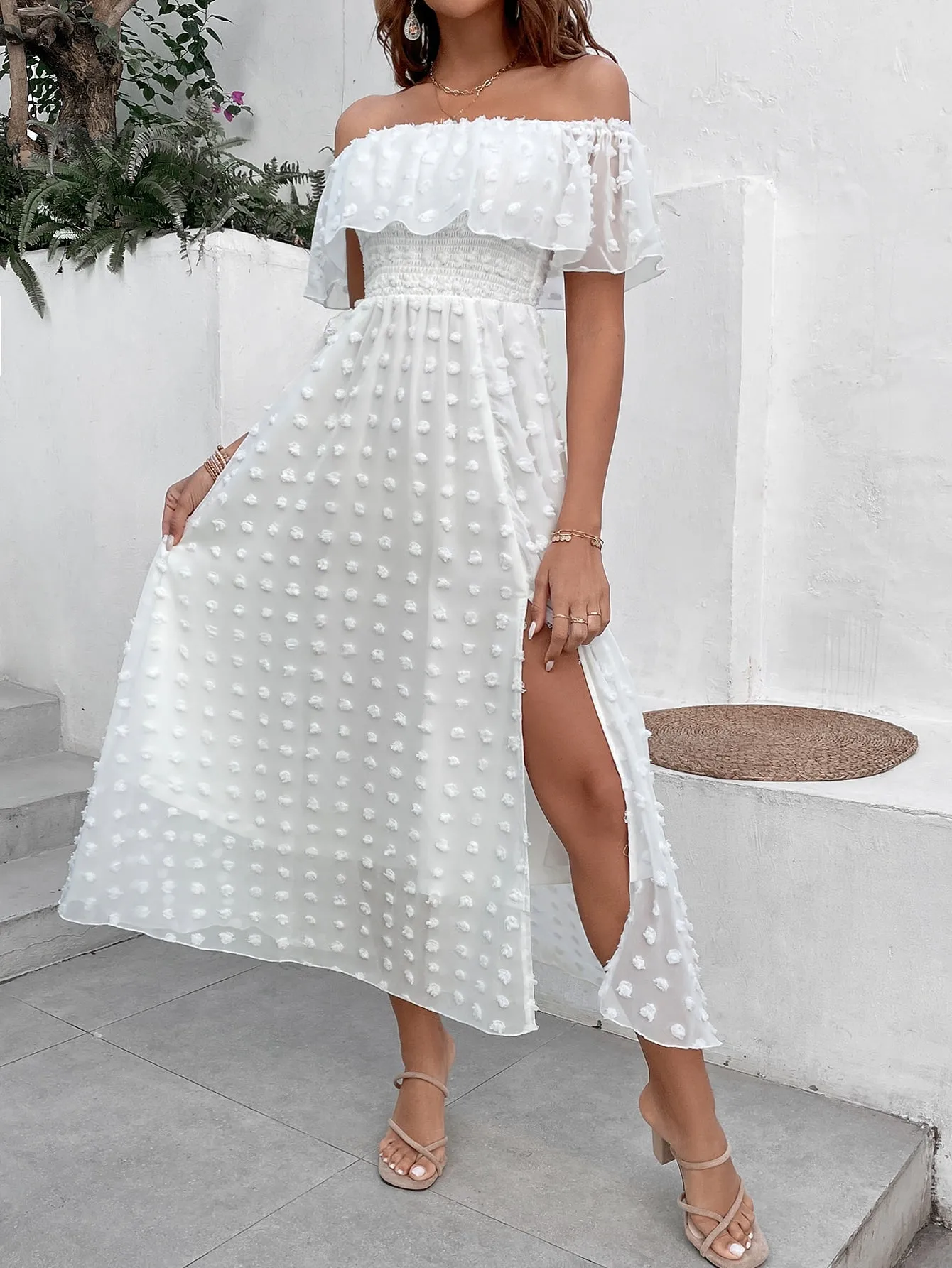 Penelope Swiss Dot Off Shoulder Ruffle Trim Split Thigh Dress