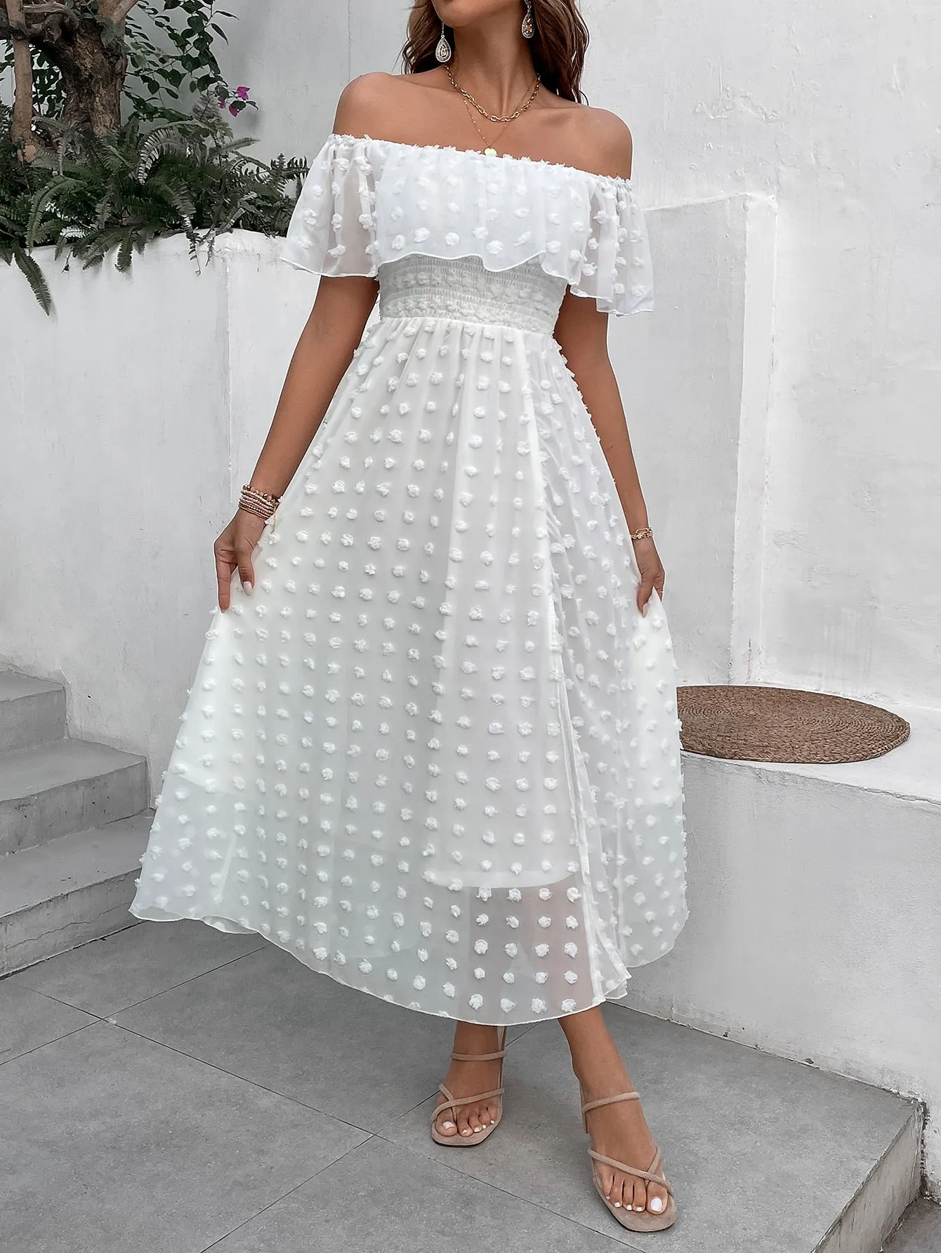 Penelope Swiss Dot Off Shoulder Ruffle Trim Split Thigh Dress