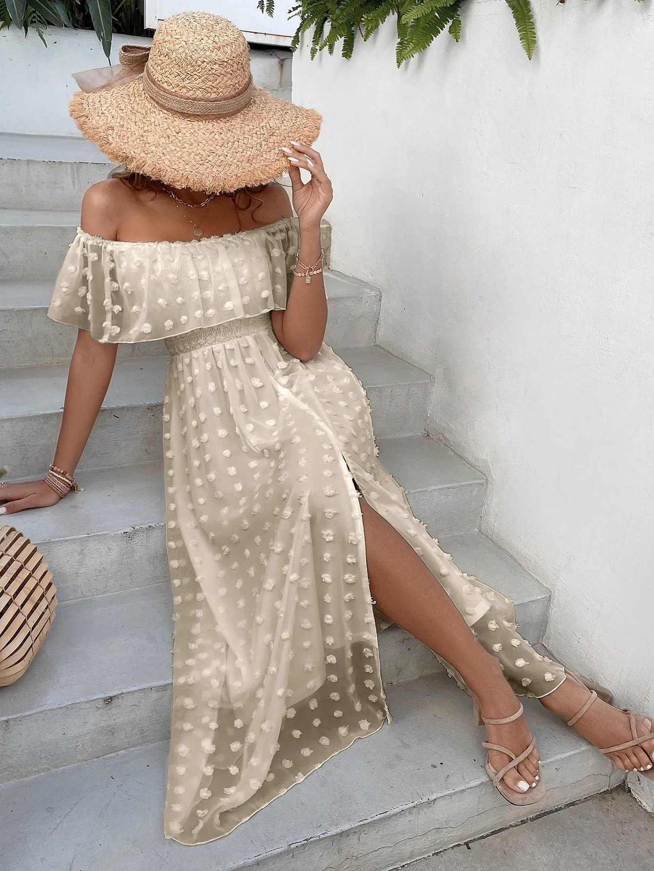 Penelope Swiss Dot Off Shoulder Ruffle Trim Split Thigh Dress