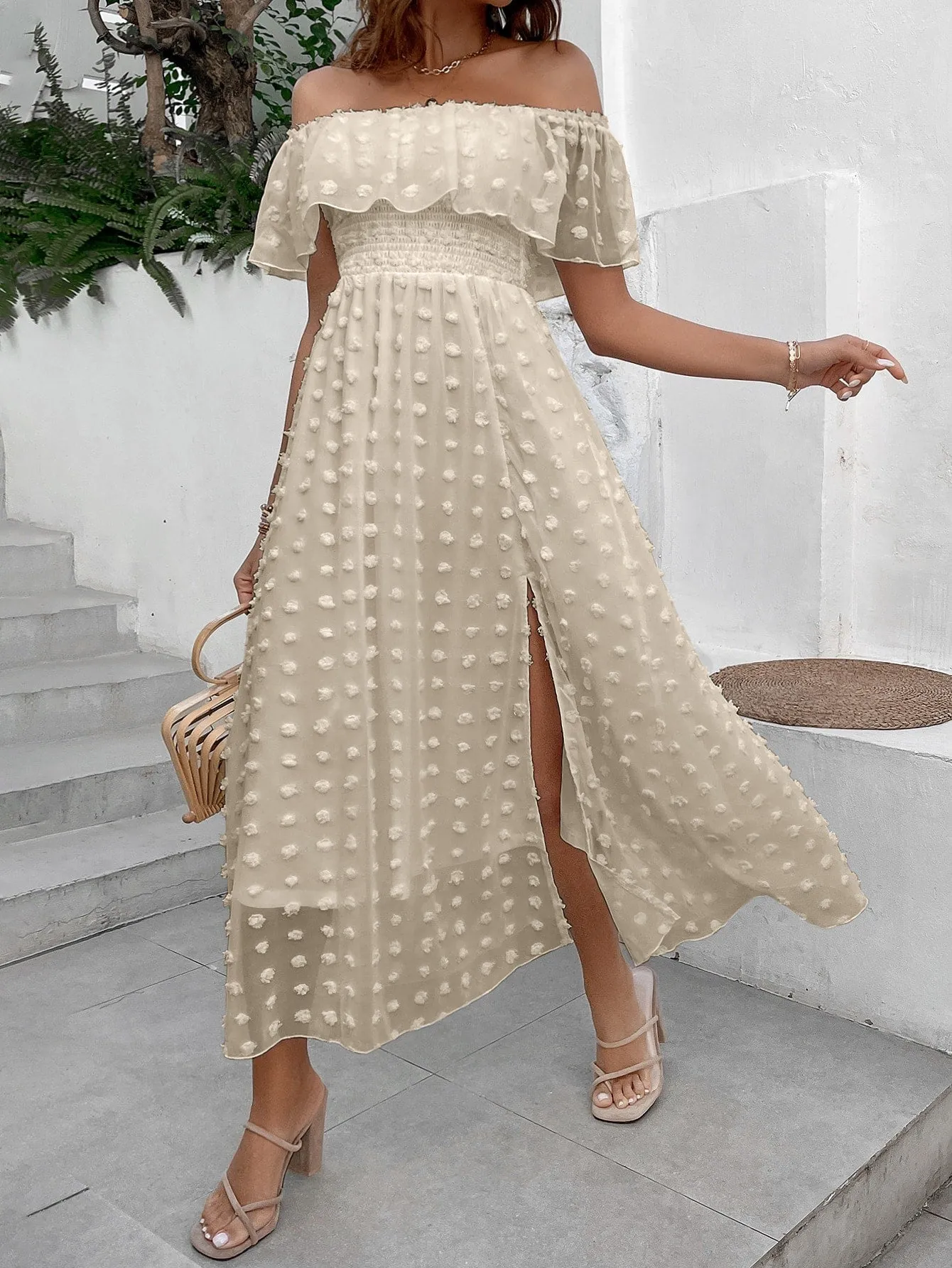 Penelope Swiss Dot Off Shoulder Ruffle Trim Split Thigh Dress