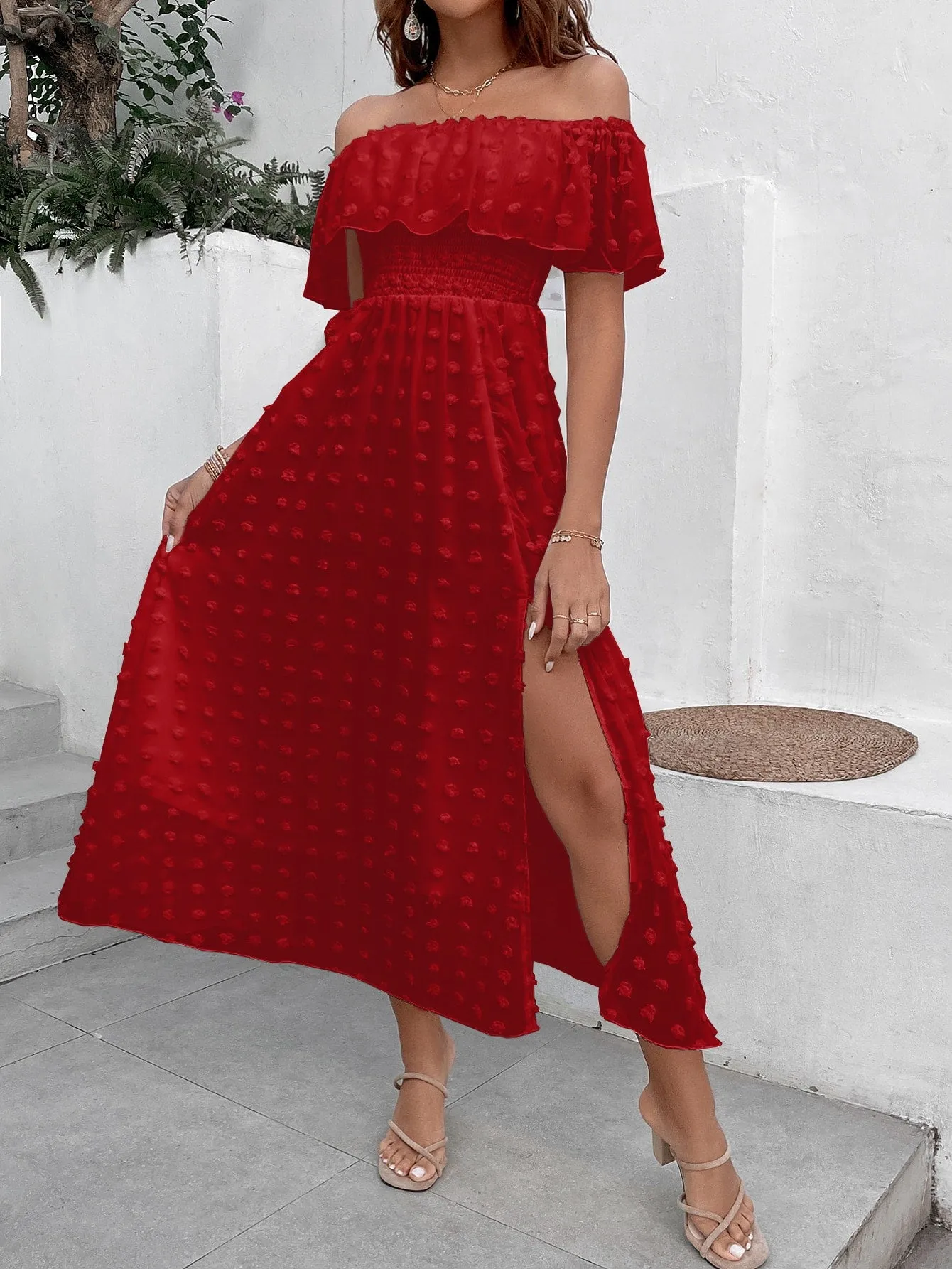 Penelope Swiss Dot Off Shoulder Ruffle Trim Split Thigh Dress