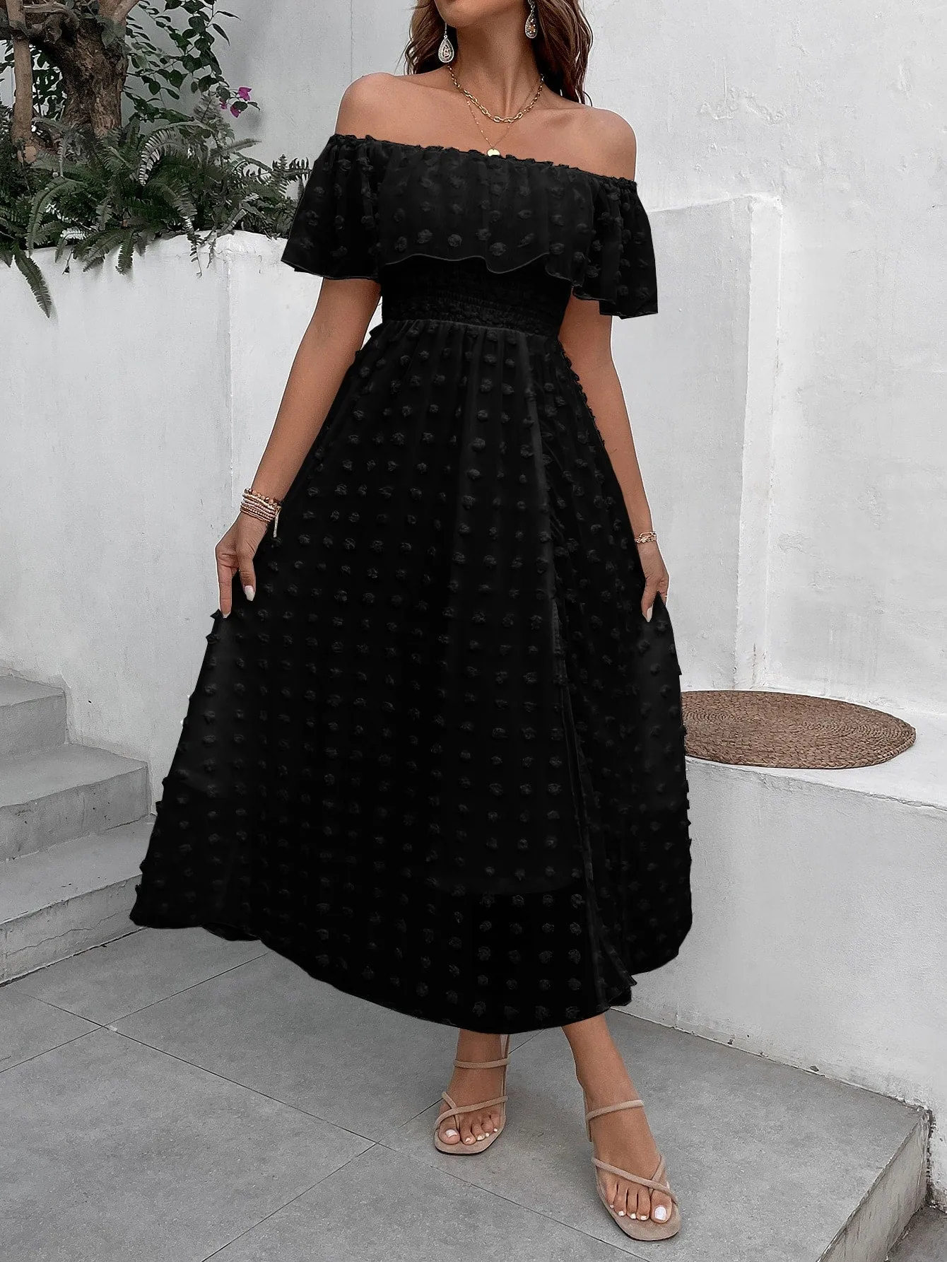 Penelope Swiss Dot Off Shoulder Ruffle Trim Split Thigh Dress