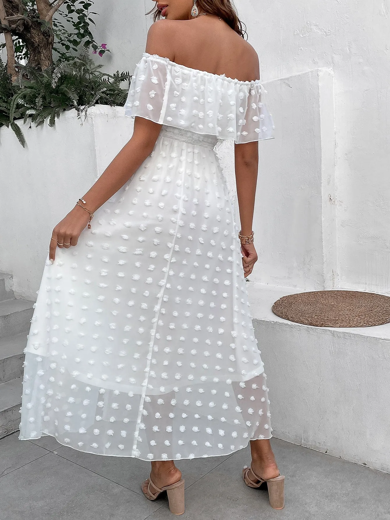 Penelope Swiss Dot Off Shoulder Ruffle Trim Split Thigh Dress