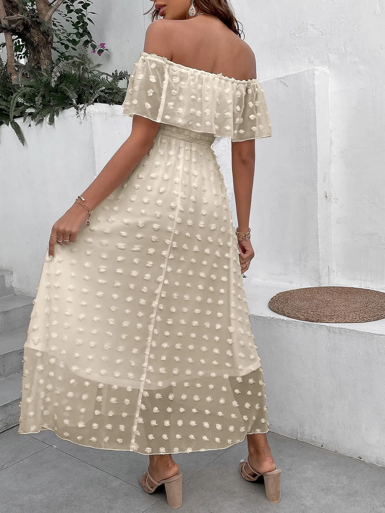 Penelope Swiss Dot Off Shoulder Ruffle Trim Split Thigh Dress