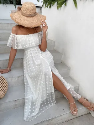 Penelope Swiss Dot Off Shoulder Ruffle Trim Split Thigh Dress