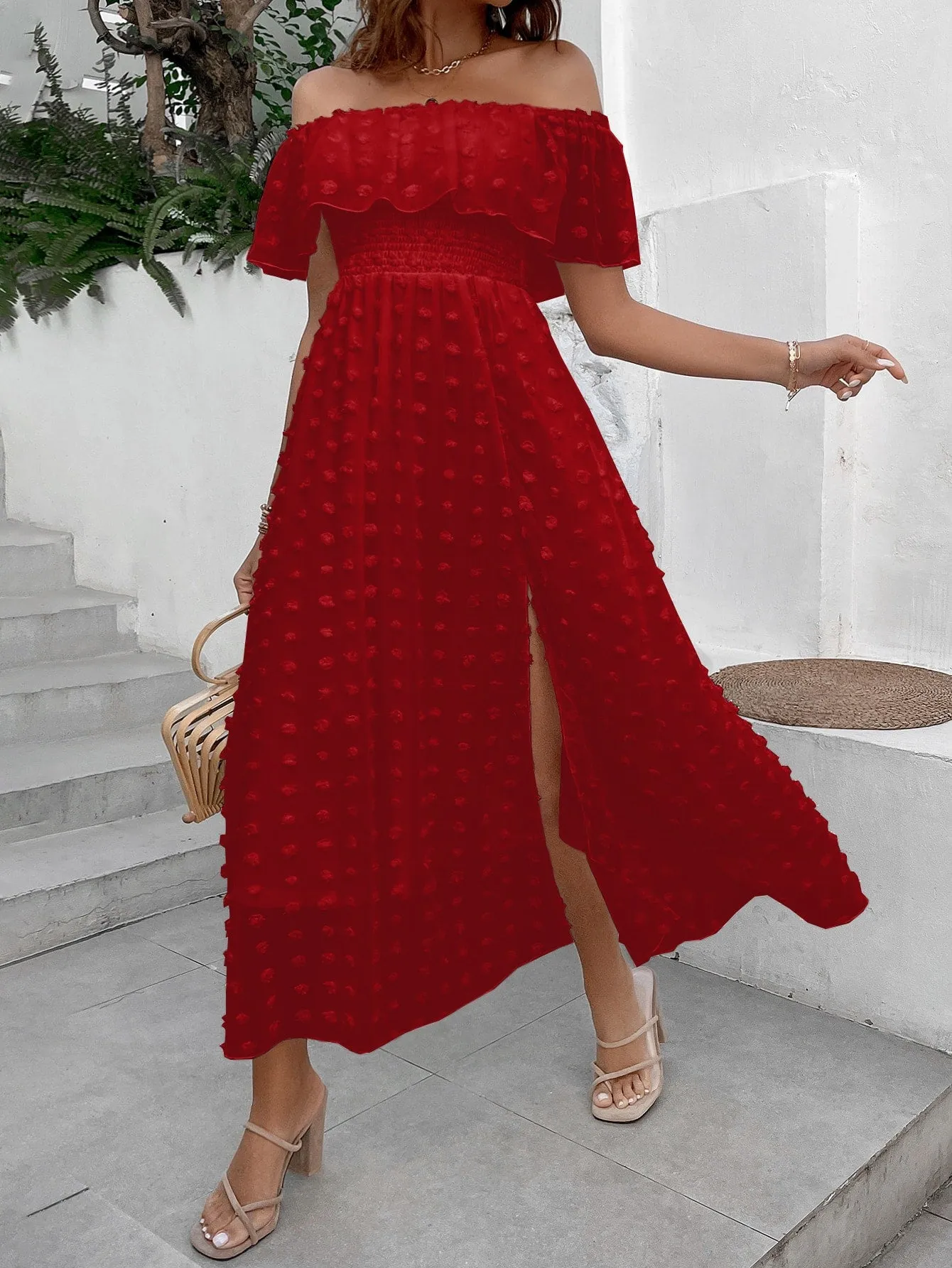 Penelope Swiss Dot Off Shoulder Ruffle Trim Split Thigh Dress